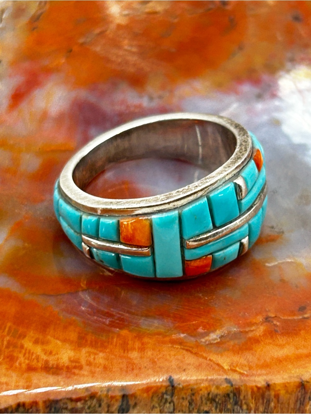 Southwest Turquoise and Coral Inlay Ring, sterling silver - Size 9 - Picture 4 of 7